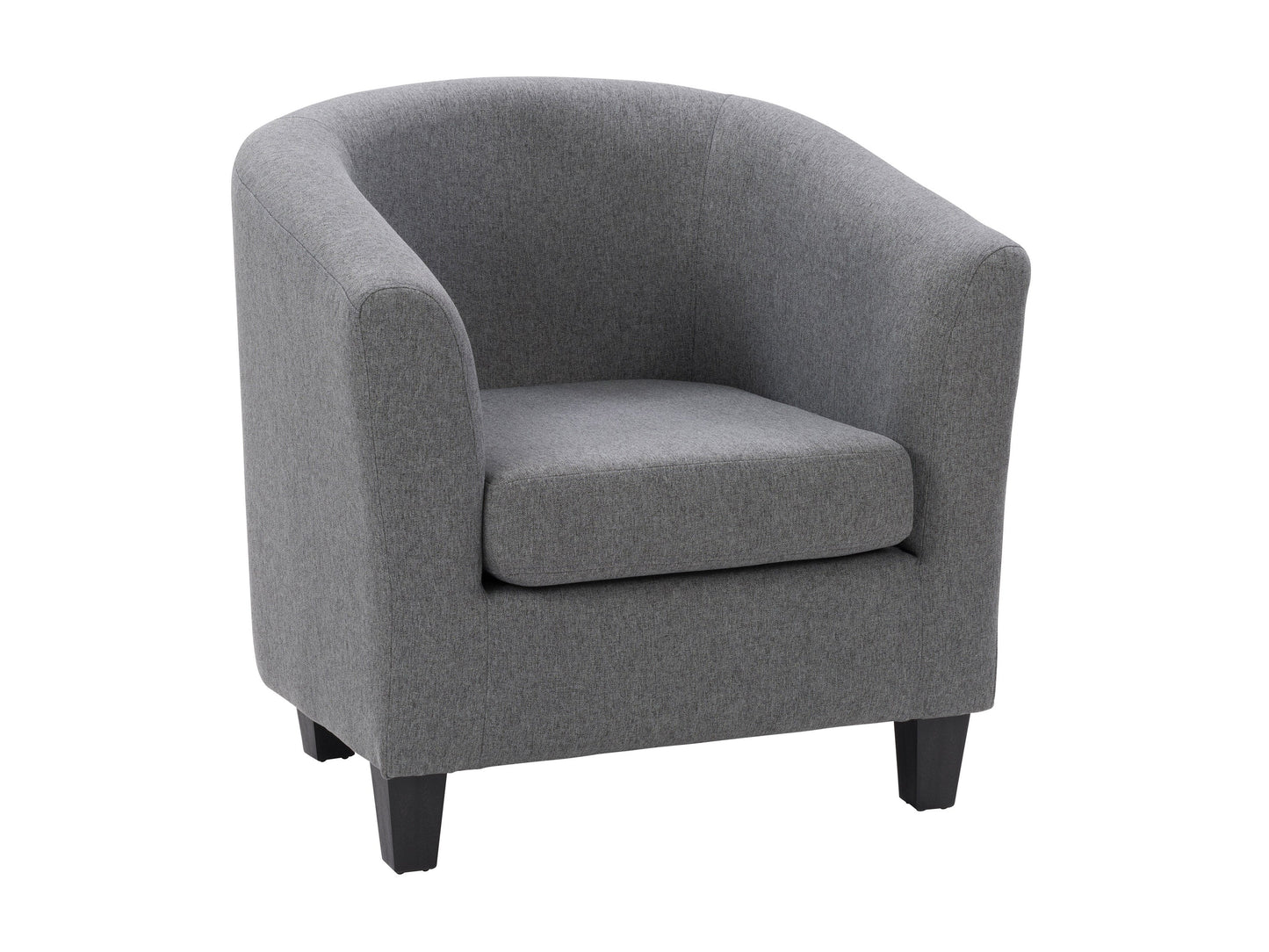 Grey tub accent chair with curved back, wooden legs, and soft fabric upholstery.