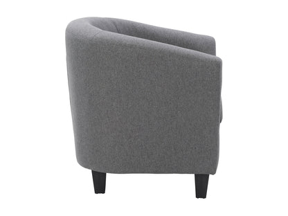 Grey tub accent chair with fabric upholstery, rounded back, and wooden legs for modern living room decor.