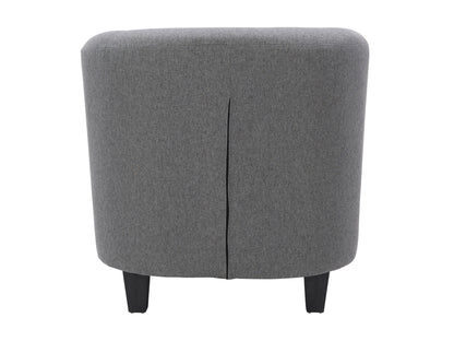 Grey tub accent chair with curved back, wooden legs, and soft fabric upholstery.