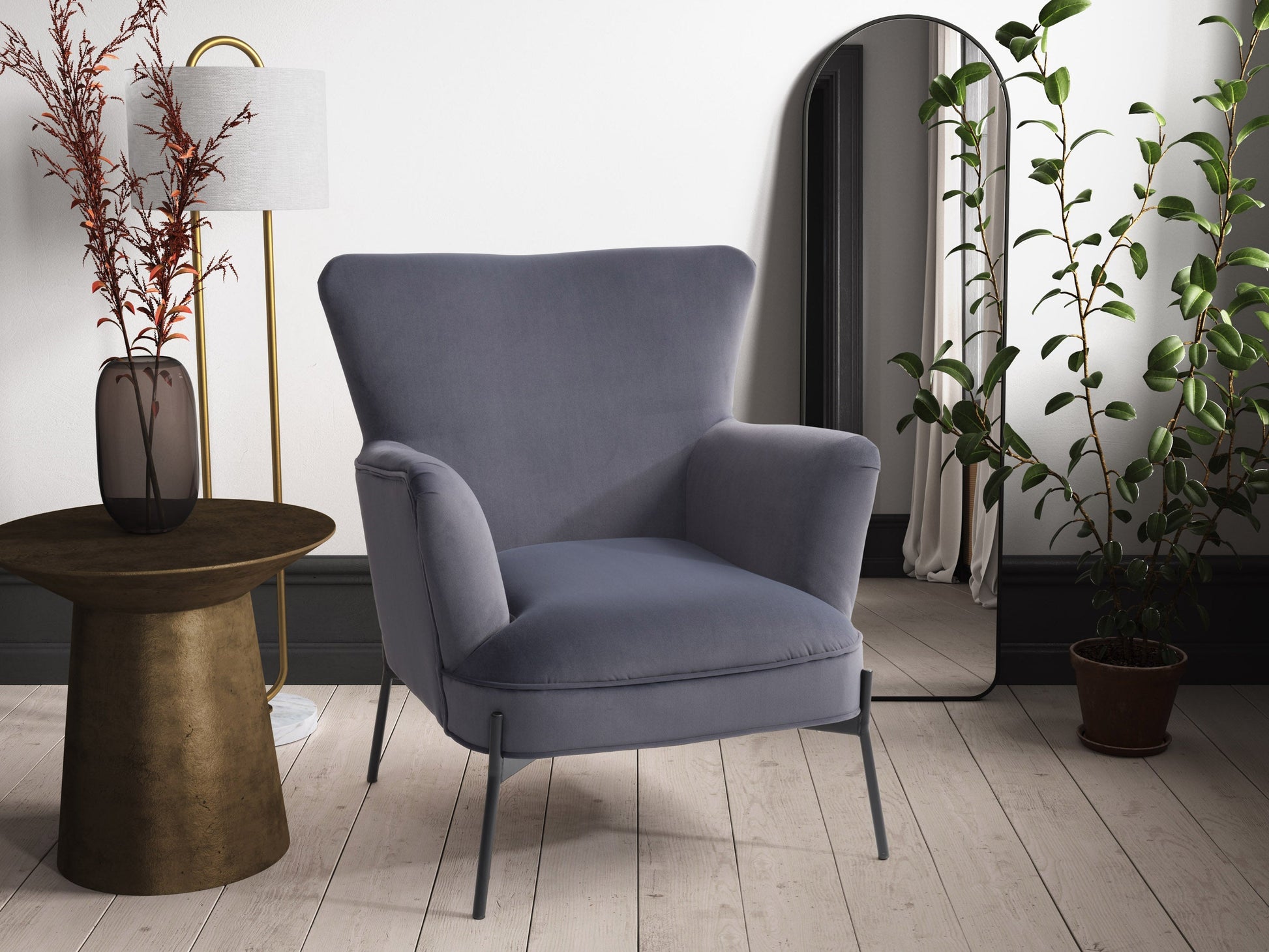 Modern grey wingback accent chair with wooden legs and plush upholstery.