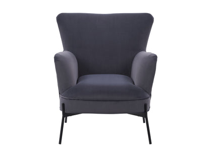 Modern grey wingback chair with tufted fabric, wooden legs, and a comfortable design