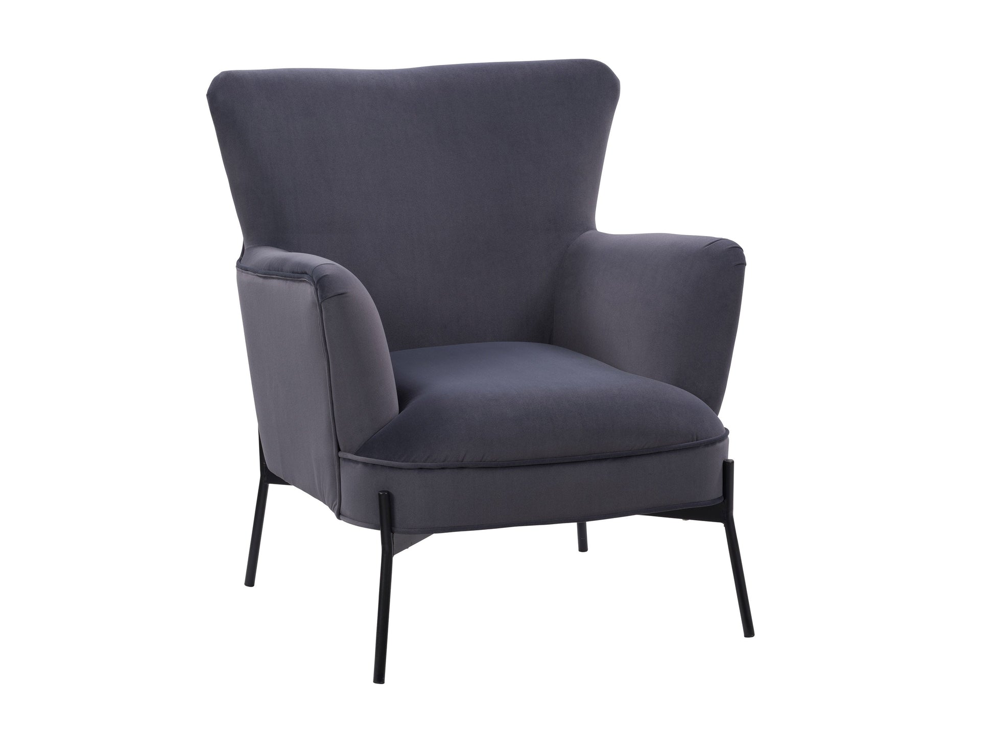 Modern grey wingback accent chair with tufted back, wooden legs, and plush upholstery.