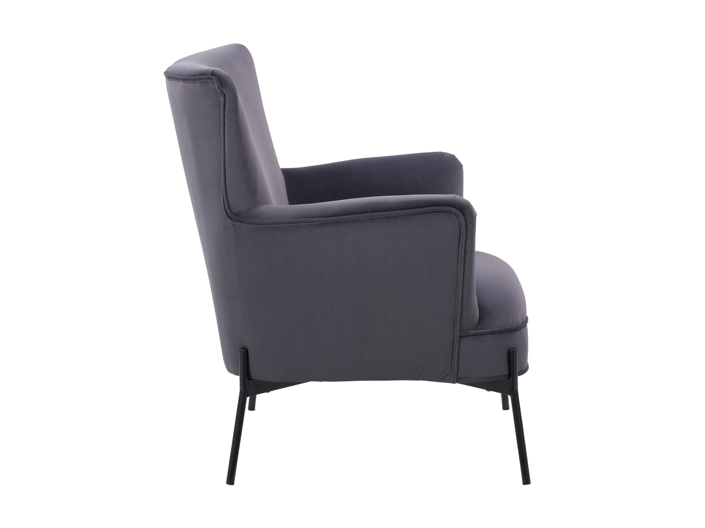 Modern grey wingback accent chair with tufted backrest and wooden legs.