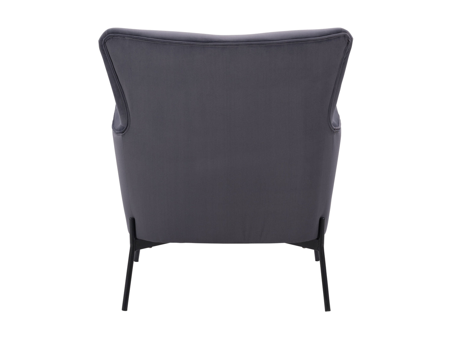 Grey modern wingback accent chair with wooden legs and tufted backrest.