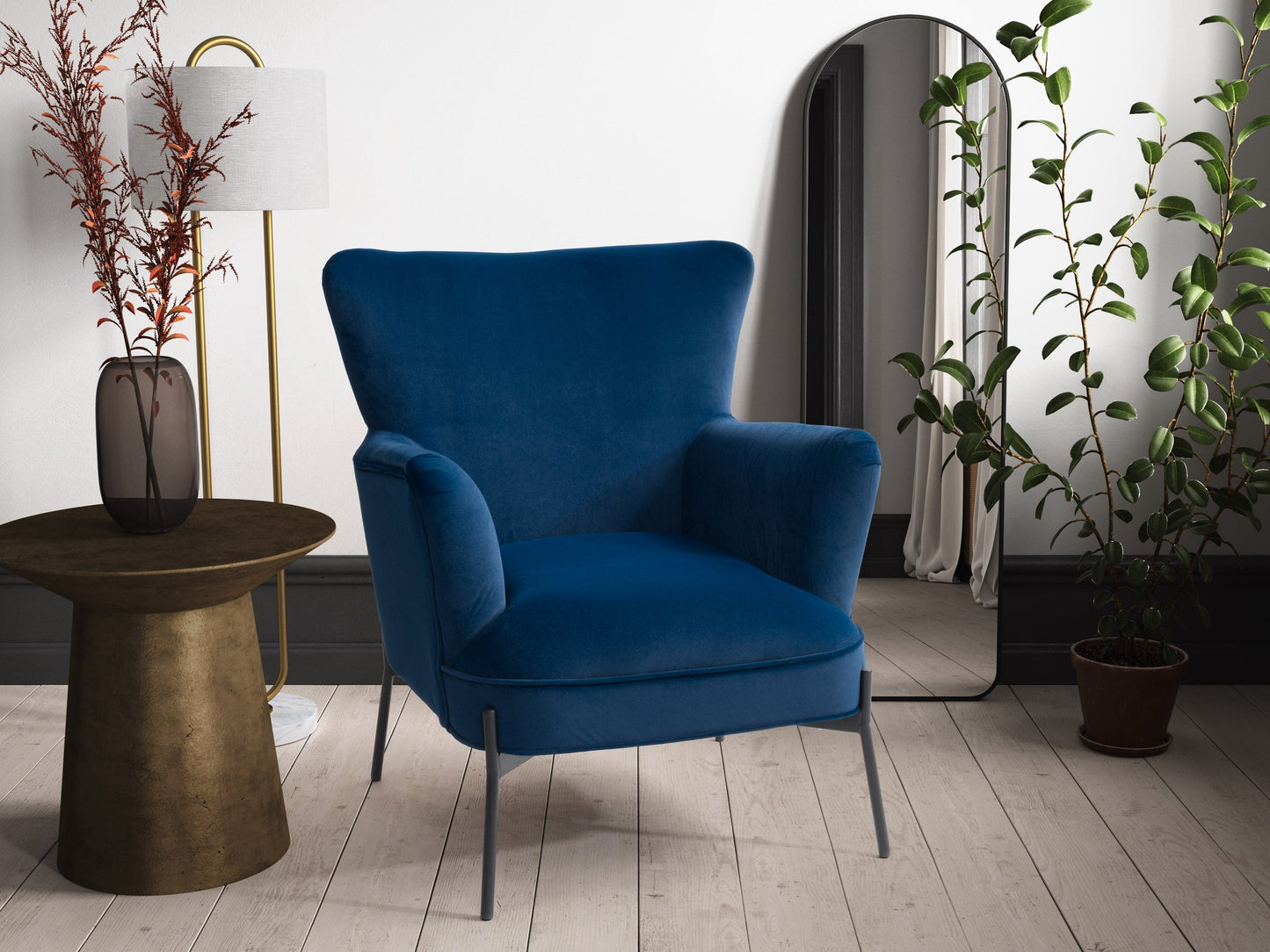 Blue modern wingback chair, upholstered fabric, wooden legs, accent chair for living room or office.