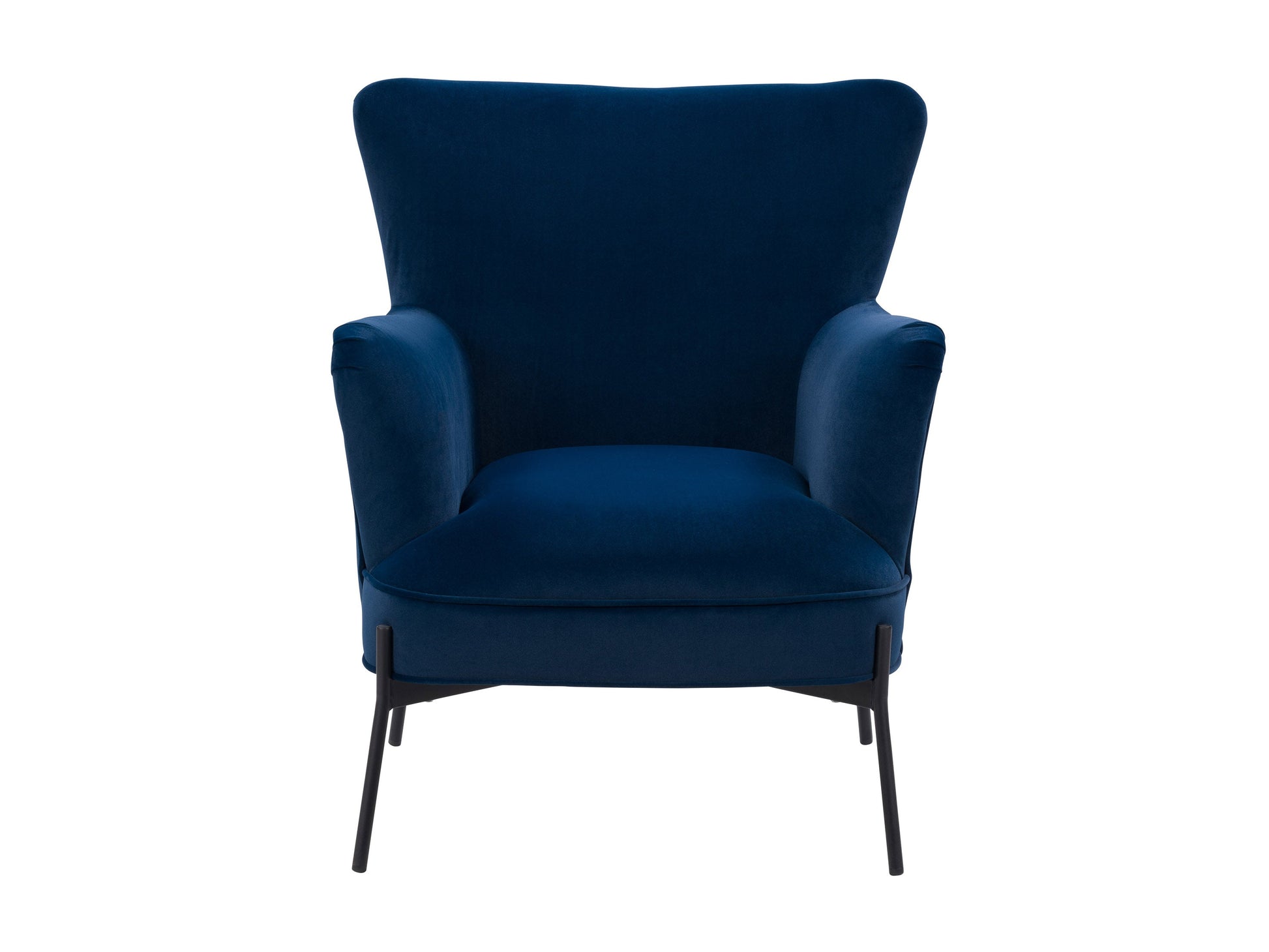 Blue modern wingback accent chair with tufted back, wooden legs, and sleek design.