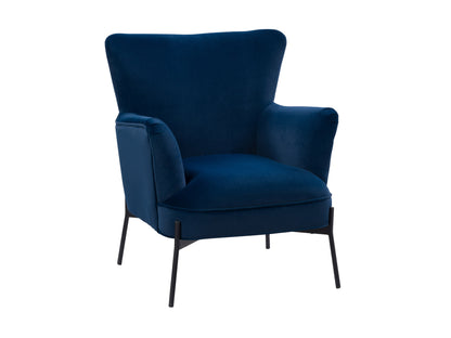 Blue modern wingback accent chair with tufted back, wooden legs, and elegant design.