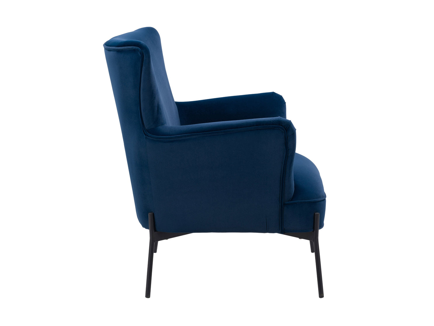 Blue modern wingback accent chair with tufted back, wooden legs, and sleek design.