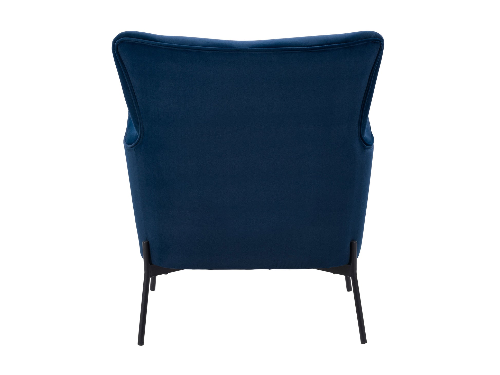 Modern blue wingback accent chair with tufted backrest, wooden legs, and plush upholstery.