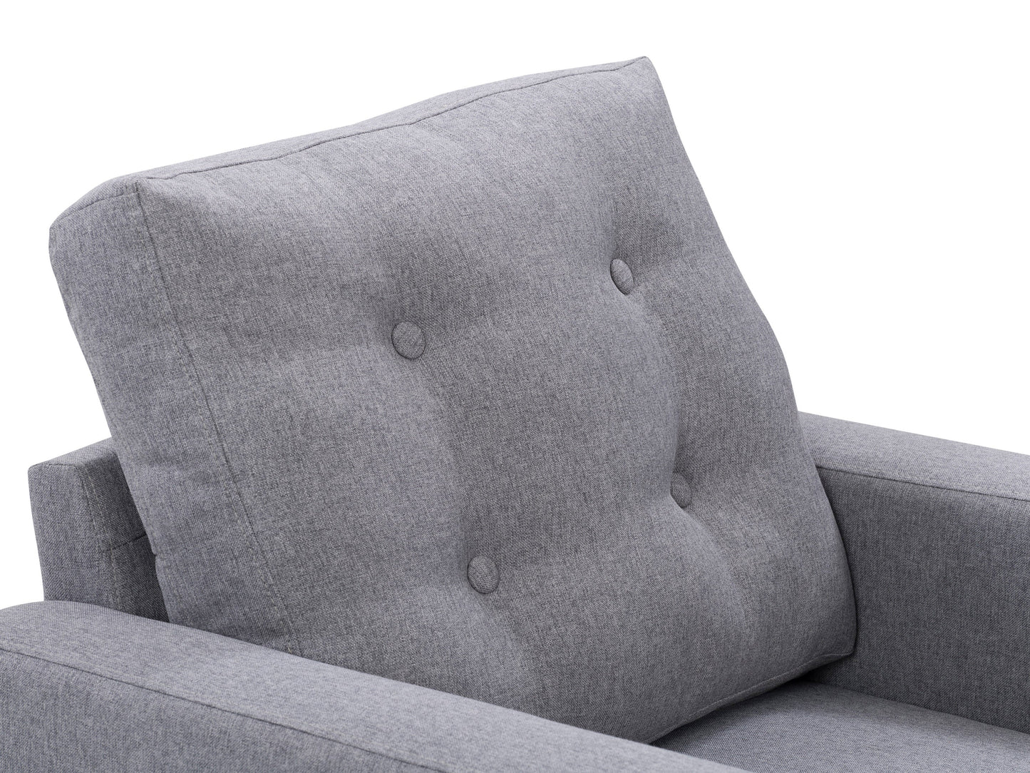 Grey tufted accent chair with wooden legs, modern design, and soft fabric upholstery.