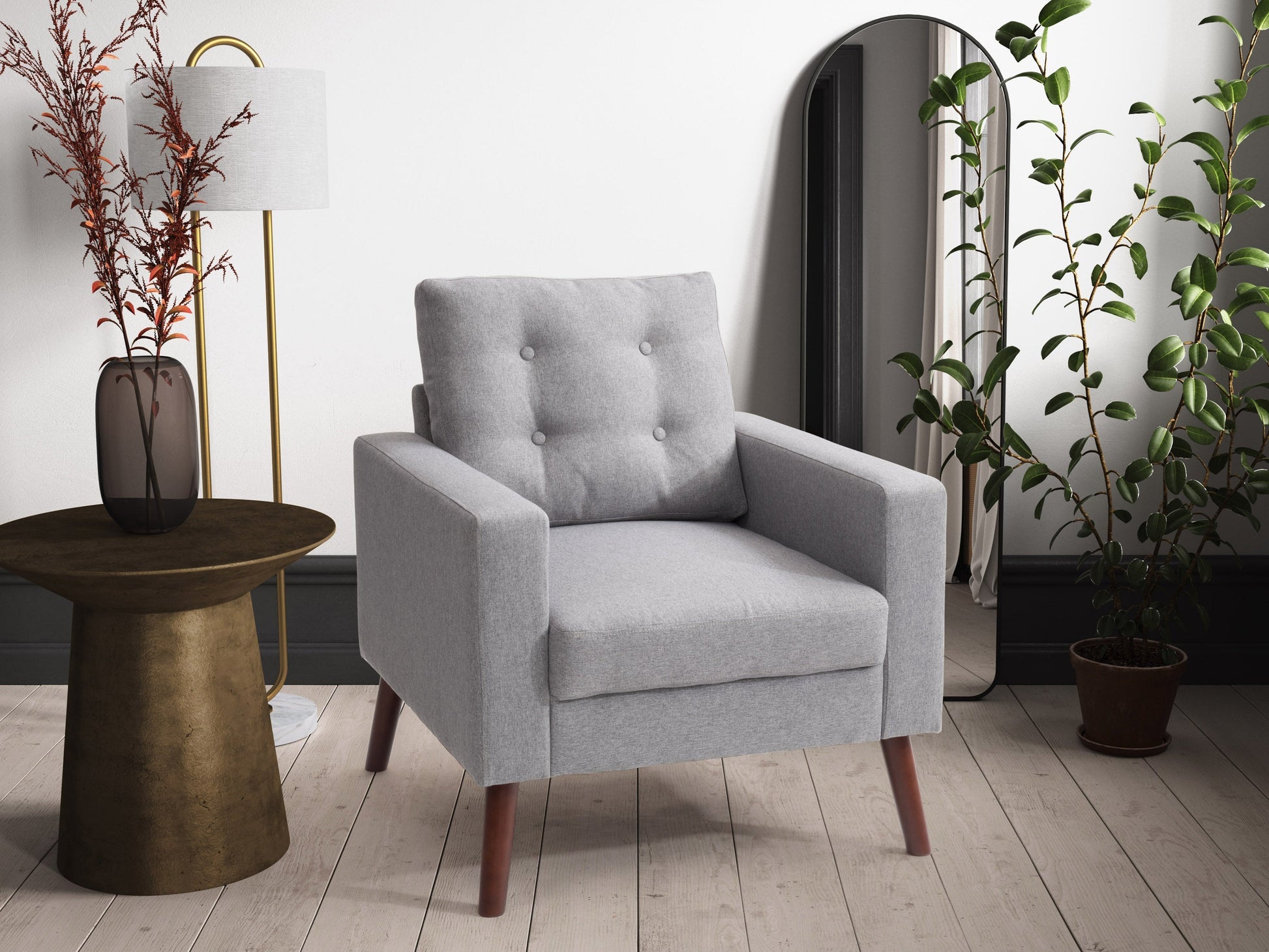 Grey tufted accent chair with wooden legs, modern design, comfortable fabric upholstery, perfect for living room or office.