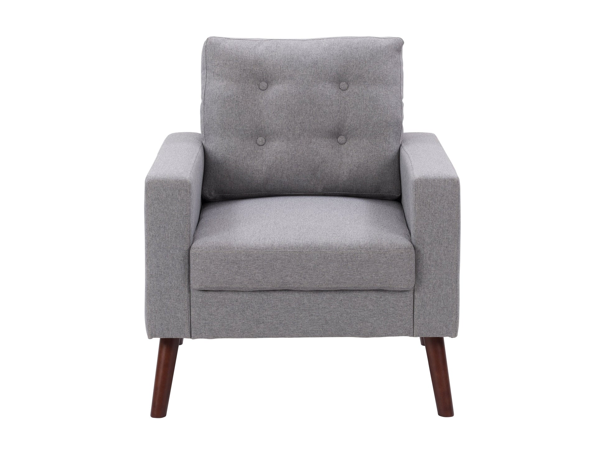 Grey tufted accent chair with wooden legs, soft fabric upholstery, and a modern minimalist design.