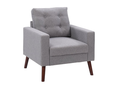 Grey tufted accent chair with wooden legs, plush fabric, and elegant design for modern living spaces.