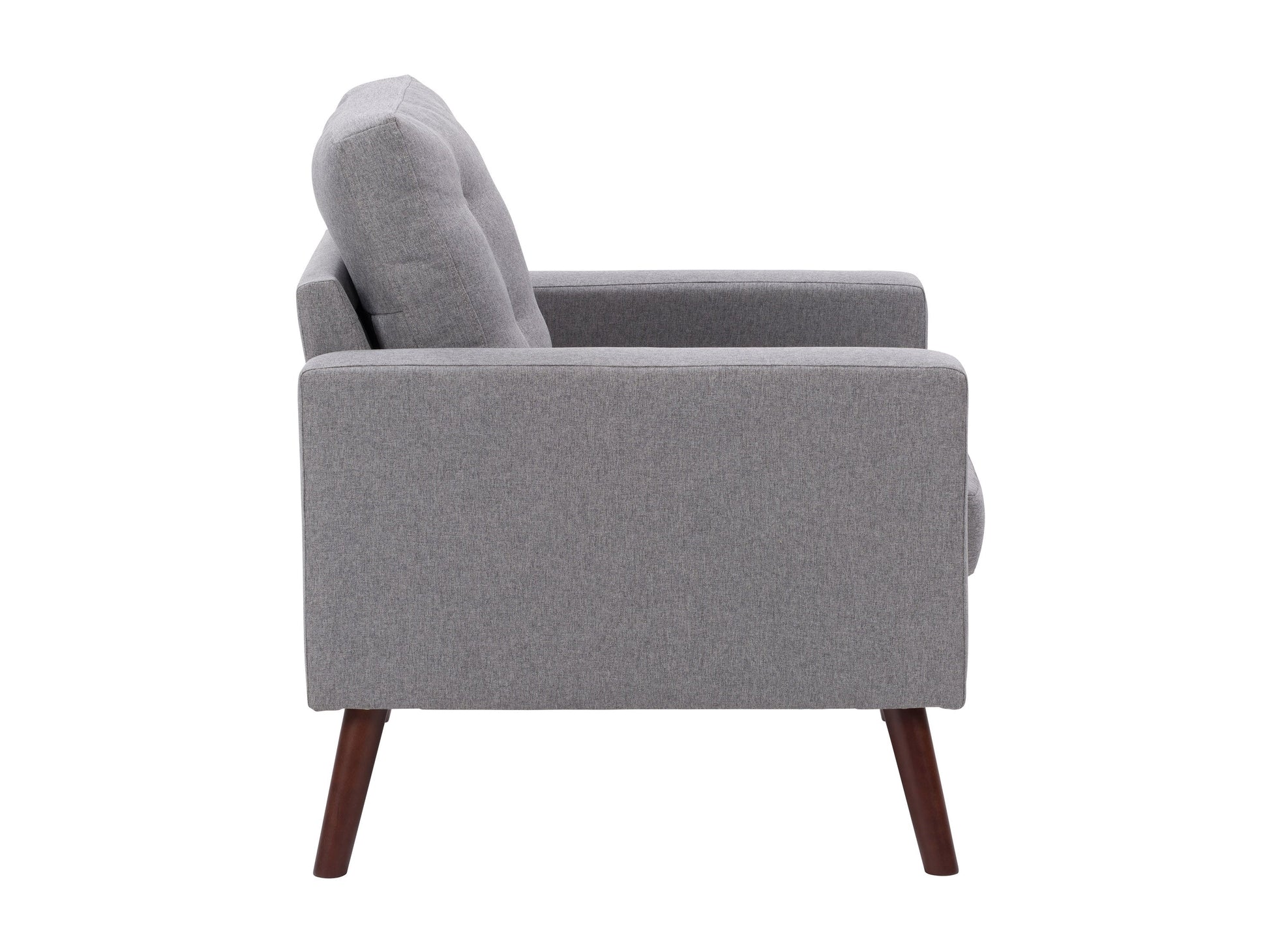 Tufted grey accent chair with wooden legs and minimalist design, perfect for modern living rooms or bedrooms