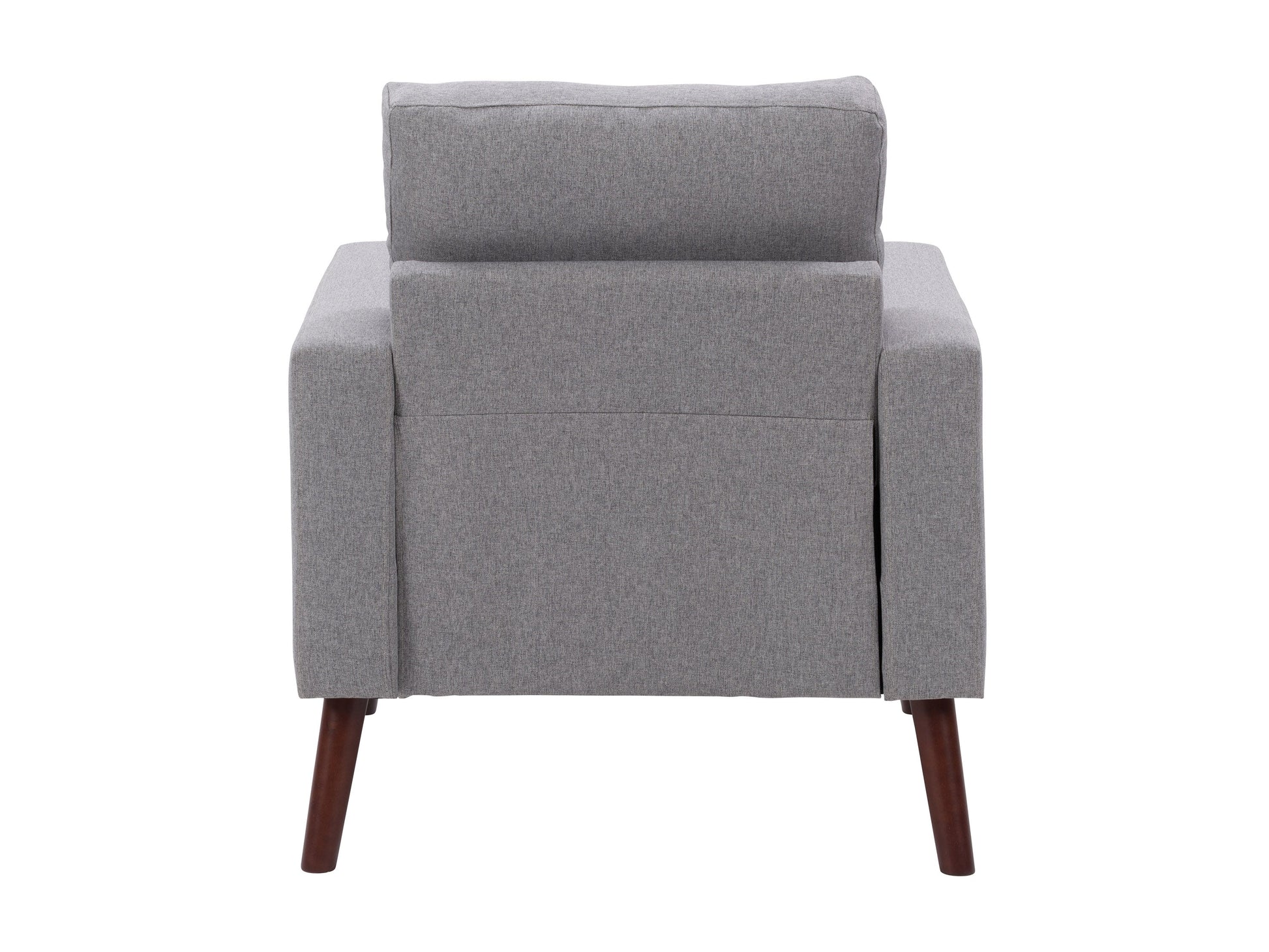 Grey tufted accent chair with wooden legs, modern design, and comfortable fabric upholstery.