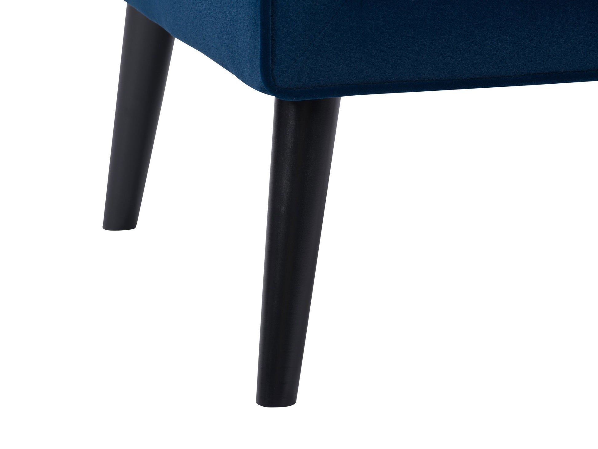 Blue velvet accent chair with gold metal legs, tufted backrest, and modern design.