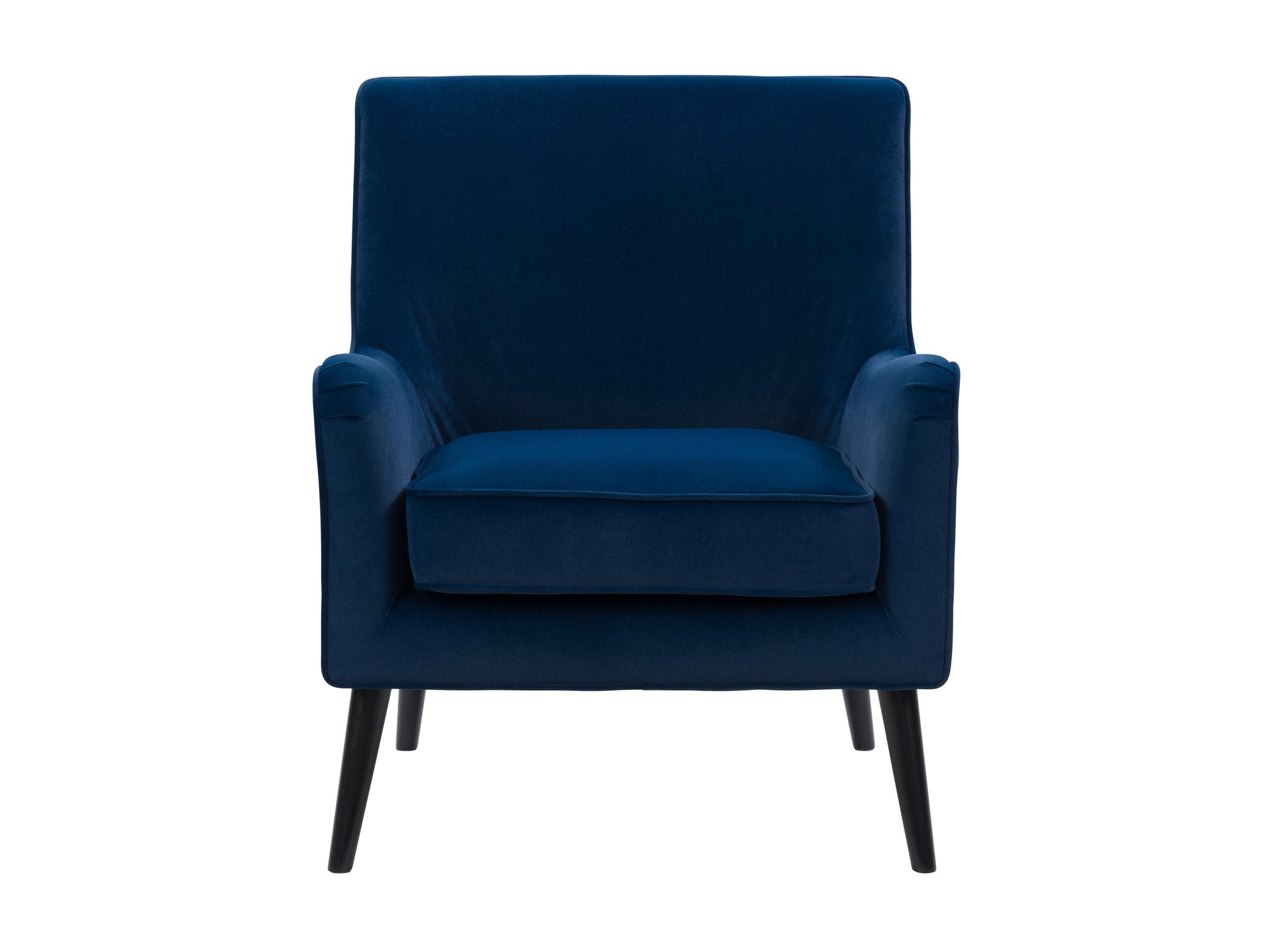 Blue velvet accent chair with gold metal legs, tufted backrest, and modern design.