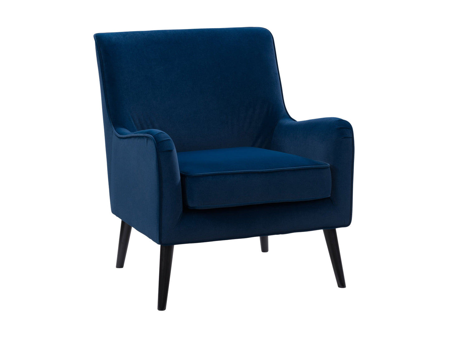 Blue velvet accent chair with gold metal legs, tufted backrest, and modern design.