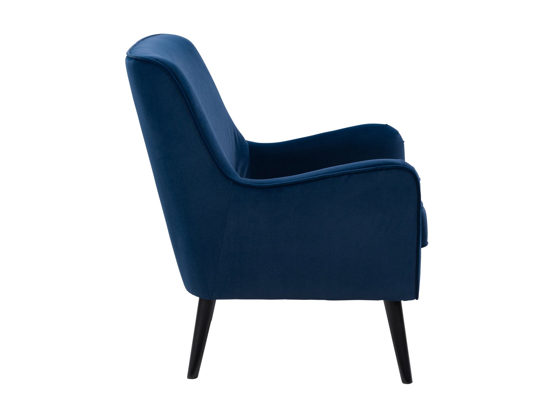 Blue velvet accent chair with wooden legs and tufted backrest, perfect for modern living rooms.