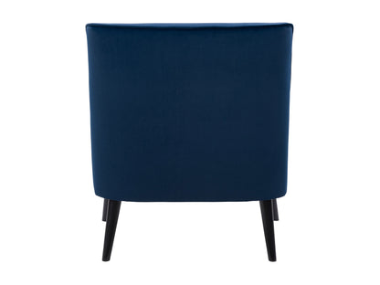 Blue velvet accent chair with gold metal legs, tufted backrest, and modern design.