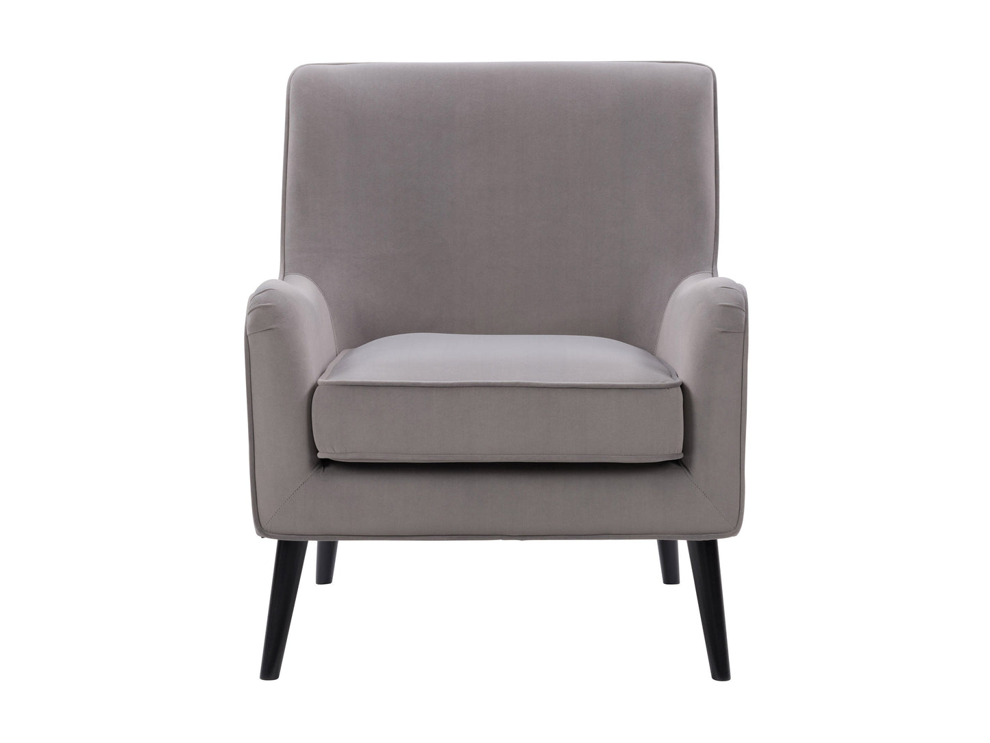 Grey velvet accent chair with wooden legs, tufted backrest, and contemporary design.