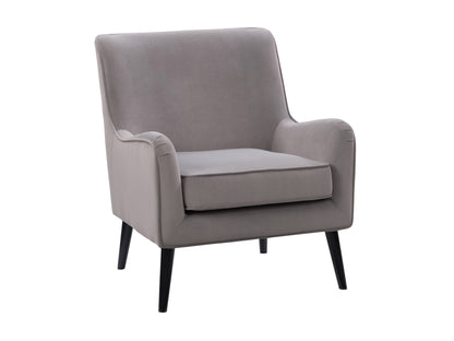 Grey velvet accent chair with tufted back, wooden legs, and modern design.