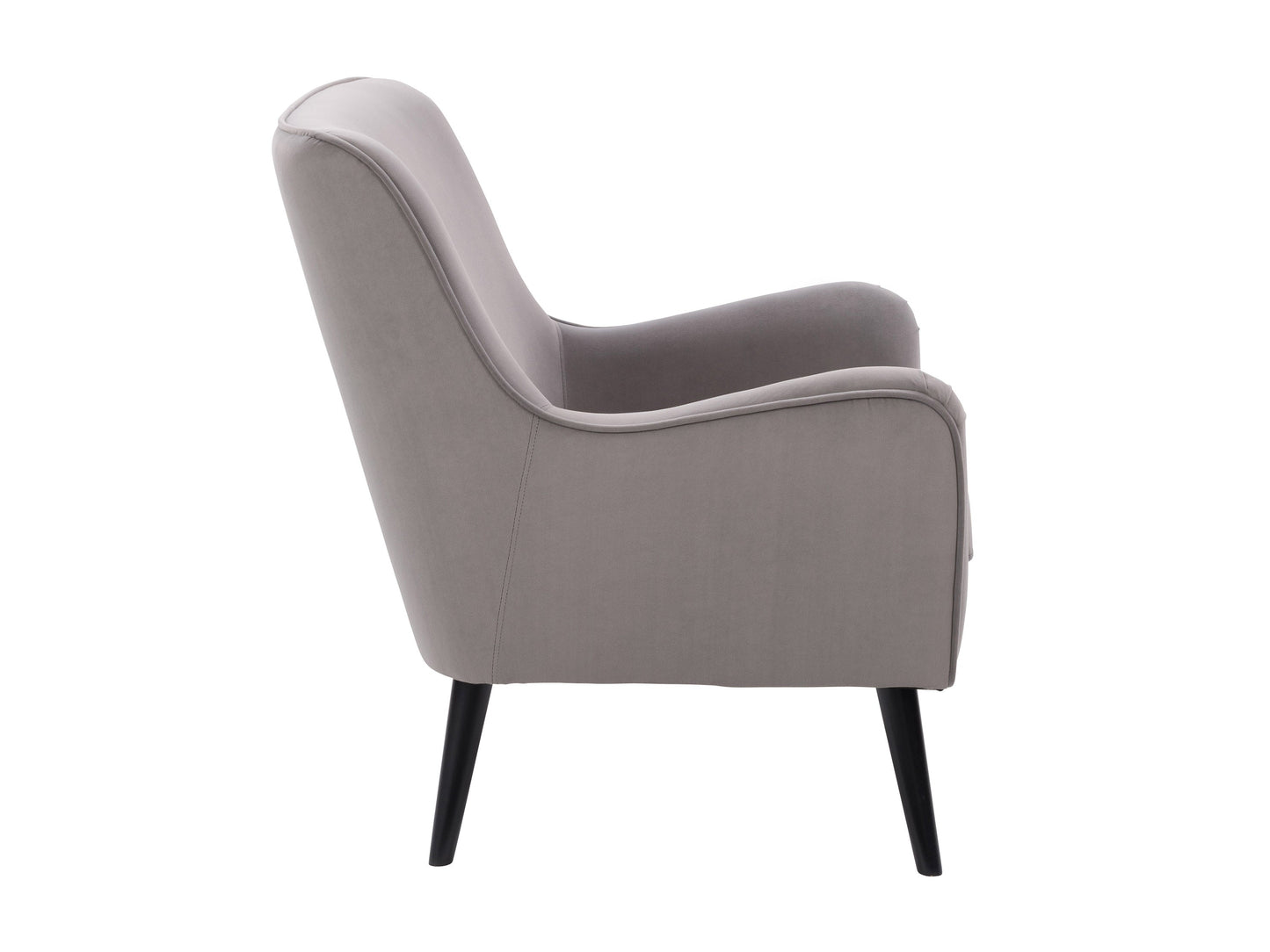 Grey velvet accent chair with gold metal legs, tufted backrest, and modern design.