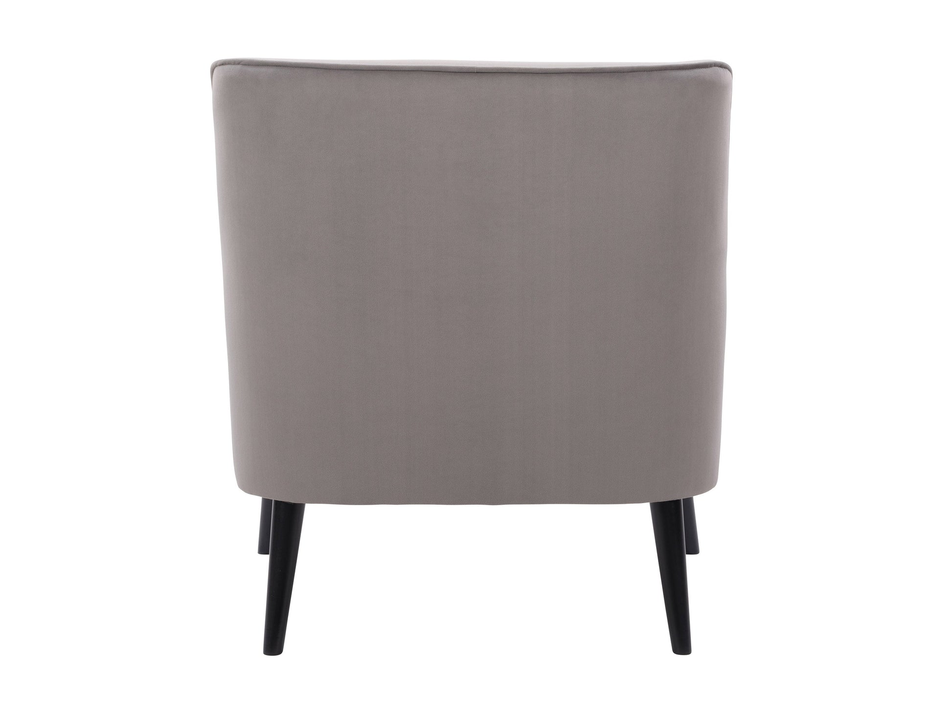 Grey velvet accent chair with tufted backrest, wooden legs, and modern design.