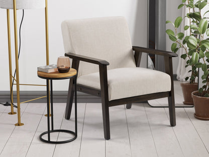 Beige wood accent chair with cushioned seat, curved backrest, and mid-century modern design.