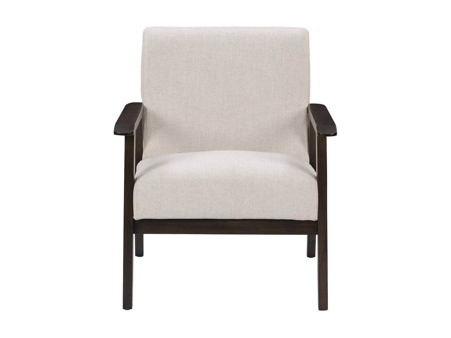 Beige wood accent chair with cushioned seat, minimalist design, and sleek wooden legs.