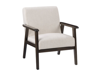 Beige wood accent chair with cushioned seat and backrest, featuring sleek wooden legs and a minimalist design.