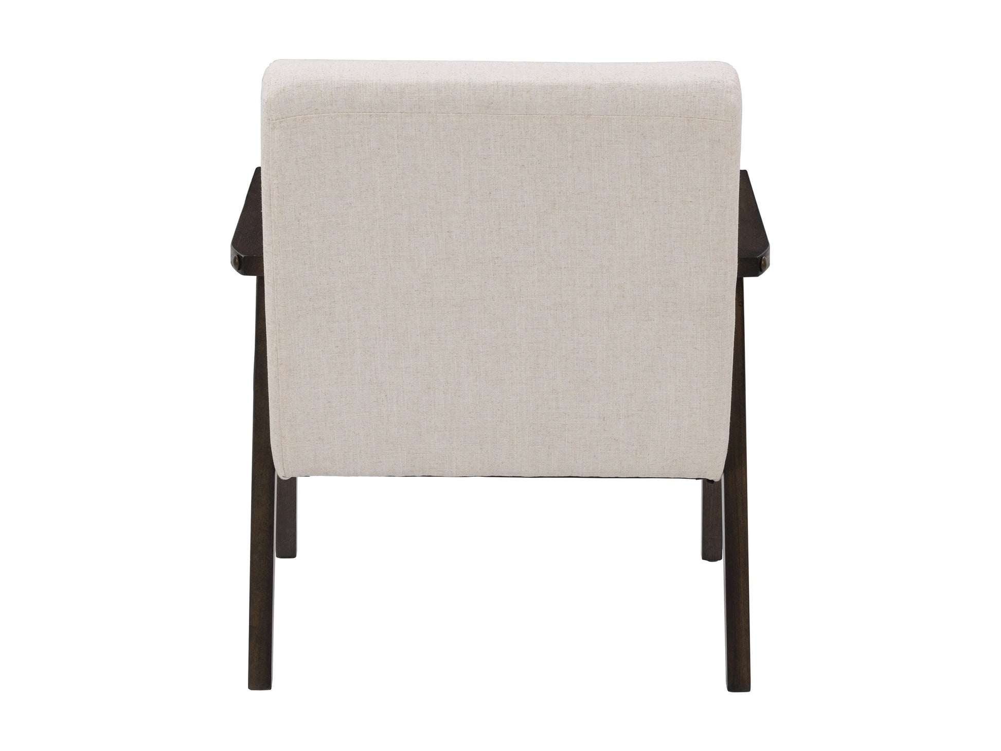 Beige wood accent chair with cushioned seat, curved wooden backrest, and modern minimalist design.