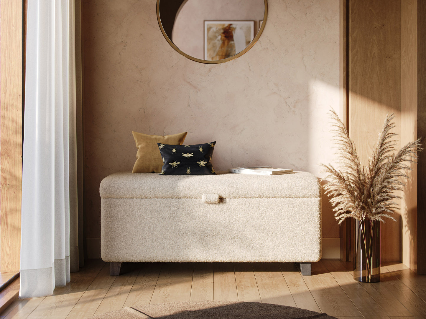 White boucle storage ottoman with wooden legs, tufted top, and hidden compartment for modern living rooms