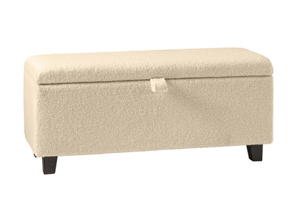 Boucle storage ottoman with white textured fabric, cushioned top, and hidden compartment for modern living rooms.