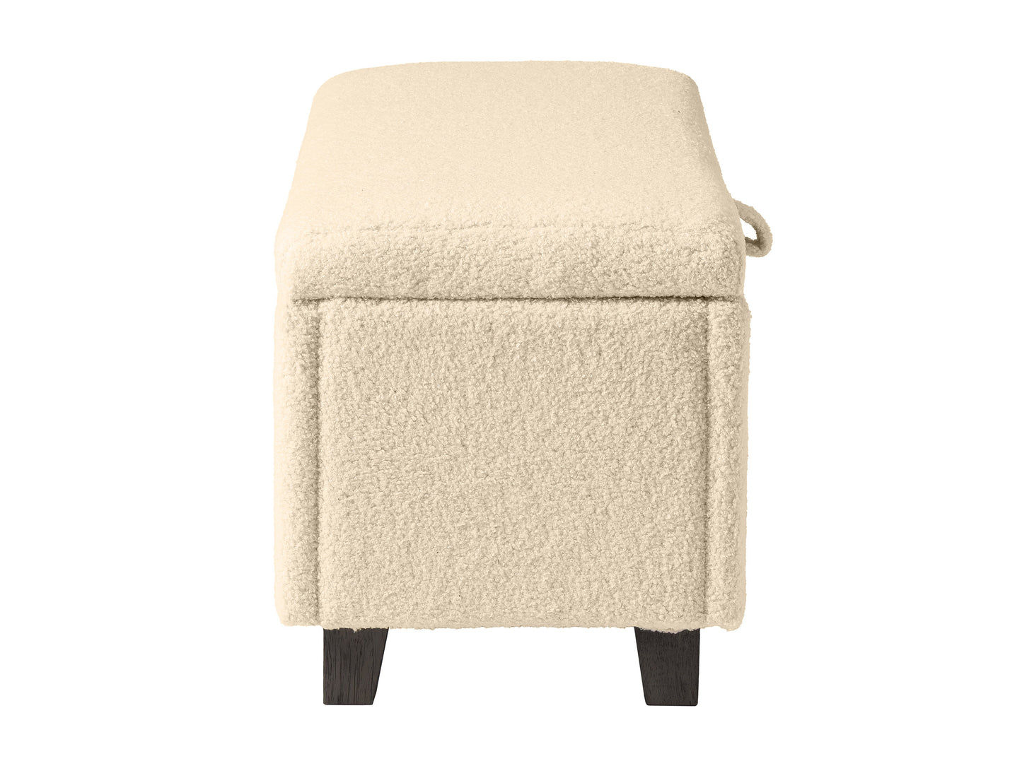 Cream boucle storage ottoman with hidden compartment, wooden legs, and minimalist design.