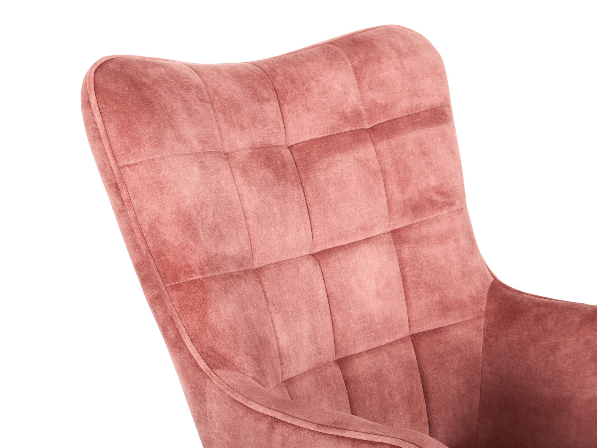 Salmon pink velvet accent chair with matching ottoman, tufted backrest, and sleek wooden legs.