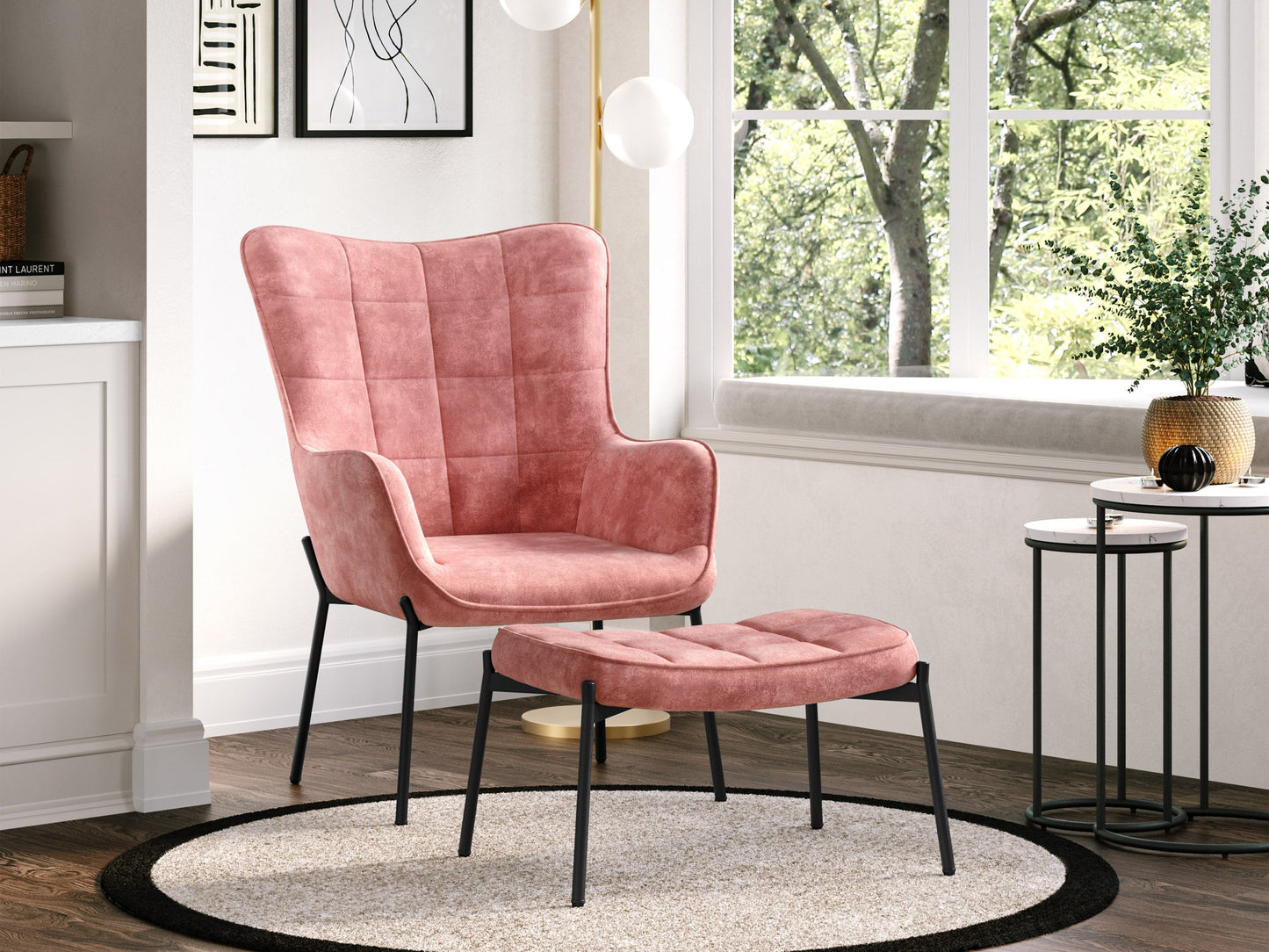 Salmon pink velvet accent chair with matching ottoman, elegant tufted design, and sturdy wooden legs.