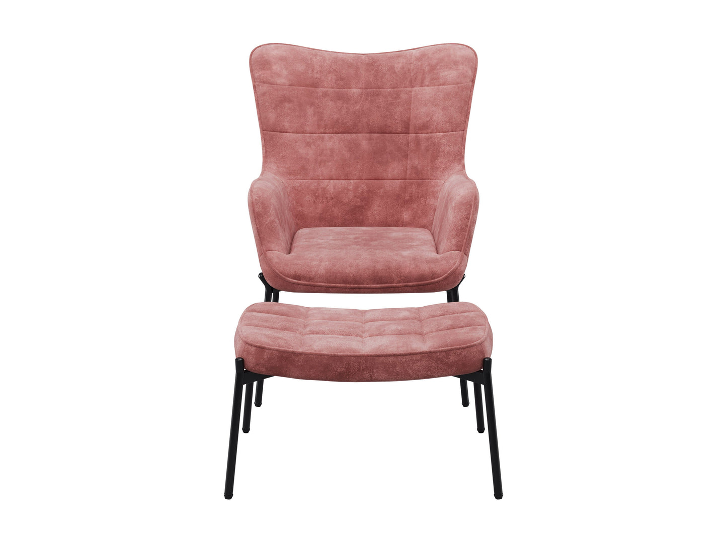 Salmon pink velvet accent chair with matching ottoman, featuring gold metal legs and plush upholstery.