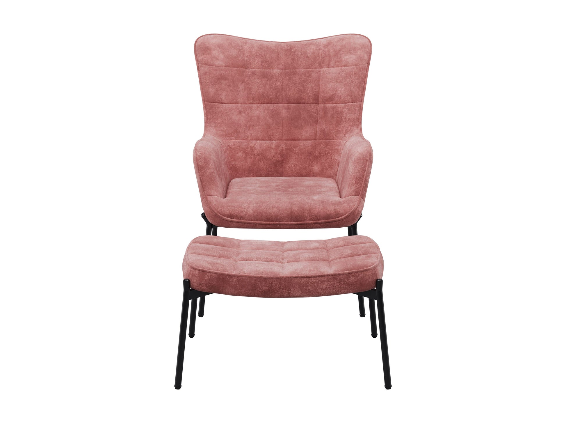 Salmon pink velvet accent chair with matching ottoman, featuring gold metal legs and plush upholstery.