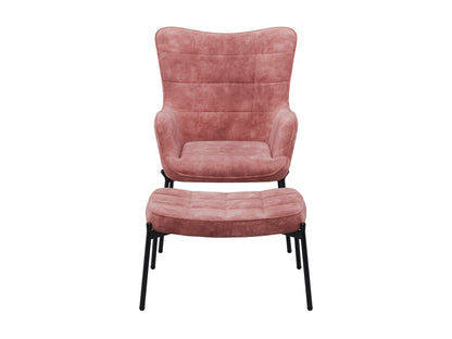 Salmon pink velvet accent chair with matching ottoman, featuring gold metal legs and plush upholstery.