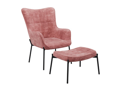 Salmon pink velvet accent chair with matching stool, tufted backrest, and wooden legs.