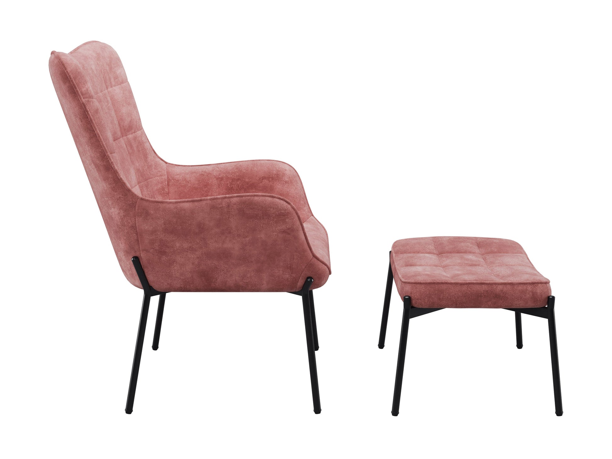 Salmon pink velvet accent chair with matching ottoman, featuring plush cushions and sleek black metal legs.