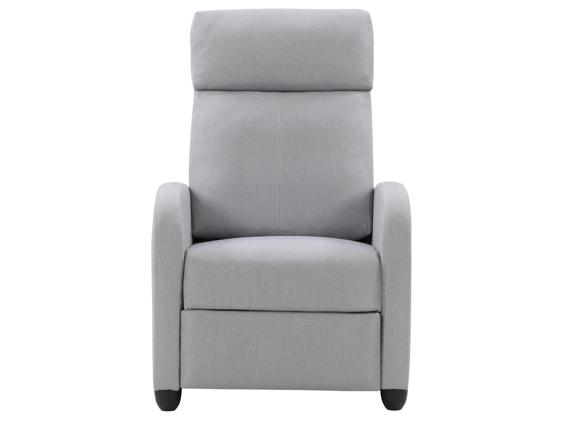 Grey fabric recliner with plush cushioning, ergonomic design, and smooth reclining mechanism, perfect for living rooms.