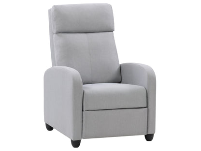 Grey recliner chair with plush upholstery, padded armrests, and a high backrest, featuring a smooth reclining mechanism and sturdy wooden legs, perfect for living room comfort and relaxation.