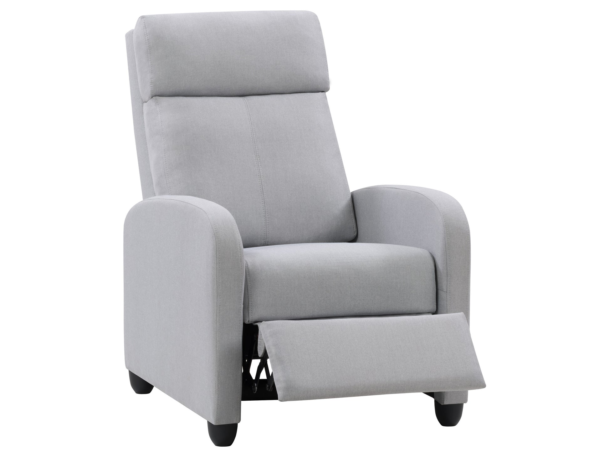 Grey recliner chair with plush upholstery, padded armrests, and a manual lever for reclining. Modern design with a sturdy metal frame and soft, textured fabric. Ideal for living rooms and home theaters.