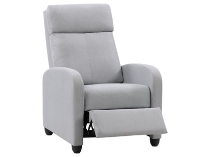 Grey recliner chair with plush upholstery, padded armrests, and a manual lever for reclining. Modern design with a sturdy metal frame and soft, textured fabric. Ideal for living rooms and home theaters.