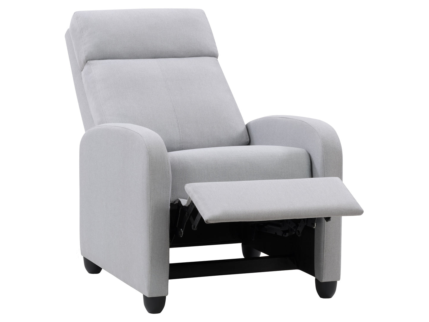 Modern grey recliner with plush upholstery, sleek metal legs, and ergonomic design for optimal comfort. Perfect for living rooms or home theaters, this stylish chair combines contemporary aesthetics with functionality.