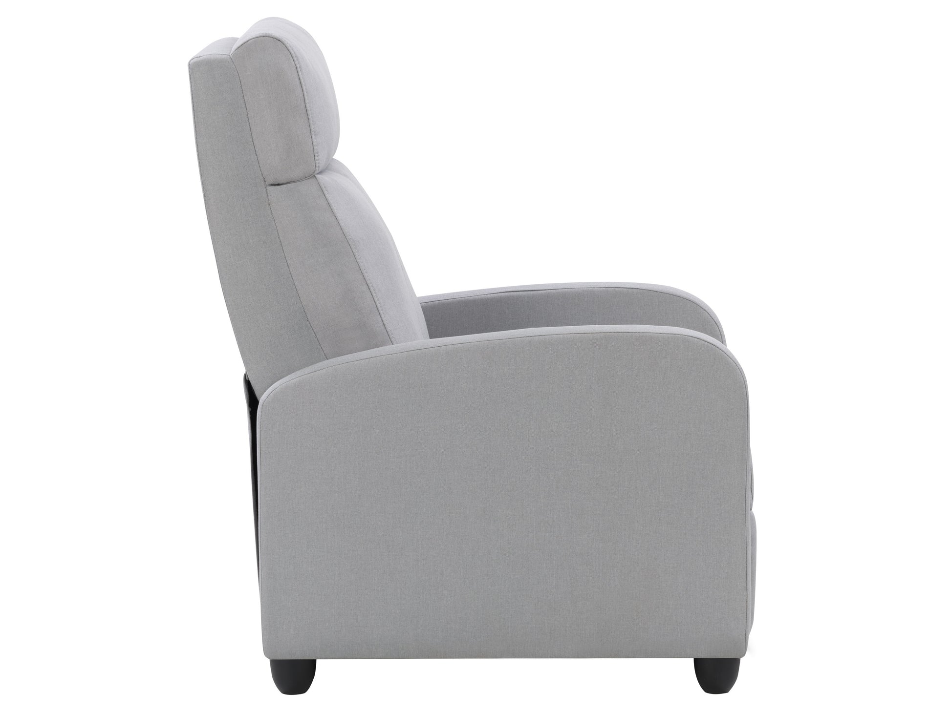 Grey recliner with plush cushions, sleek design, and smooth fabric upholstery, featuring a manual reclining mechanism and sturdy metal frame. Perfect for living rooms or home theaters.