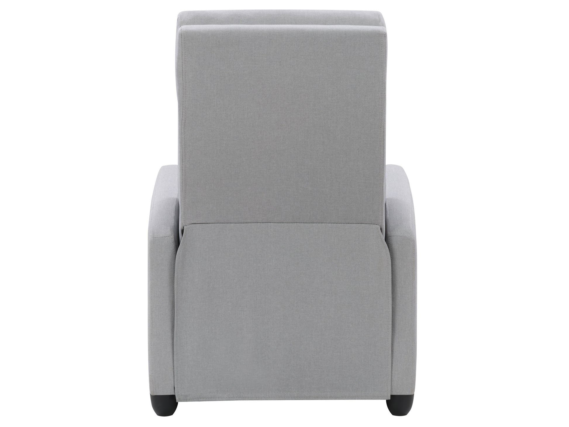 Grey fabric recliner with plush cushioning, ergonomic design, and black metal base, perfect for living room comfort and relaxation.