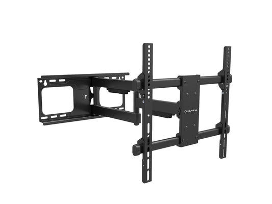 Full motion TV wall mount for 32" - 70" TVs, black steel construction with adjustable arms, tilting and swiveling capabilities, cable management system, and VESA compatibility for various TV brands.